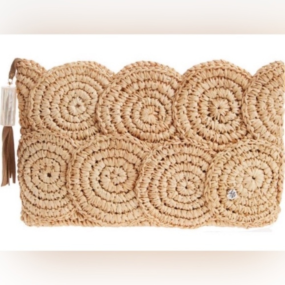 Flora Bella Raffia Spiral Medallion Clutch Tassel Natural Woven Boho Resort Bag